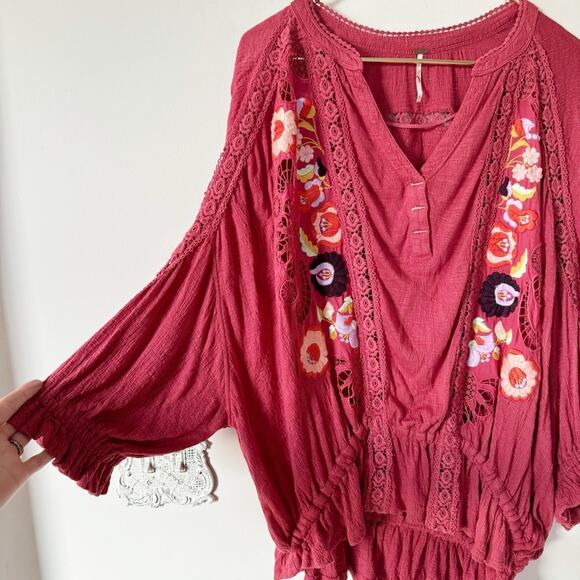 Free People Serafina Embroidered Floral Crochet Boho Top in Sangria Combo S - Picture 6 of 9